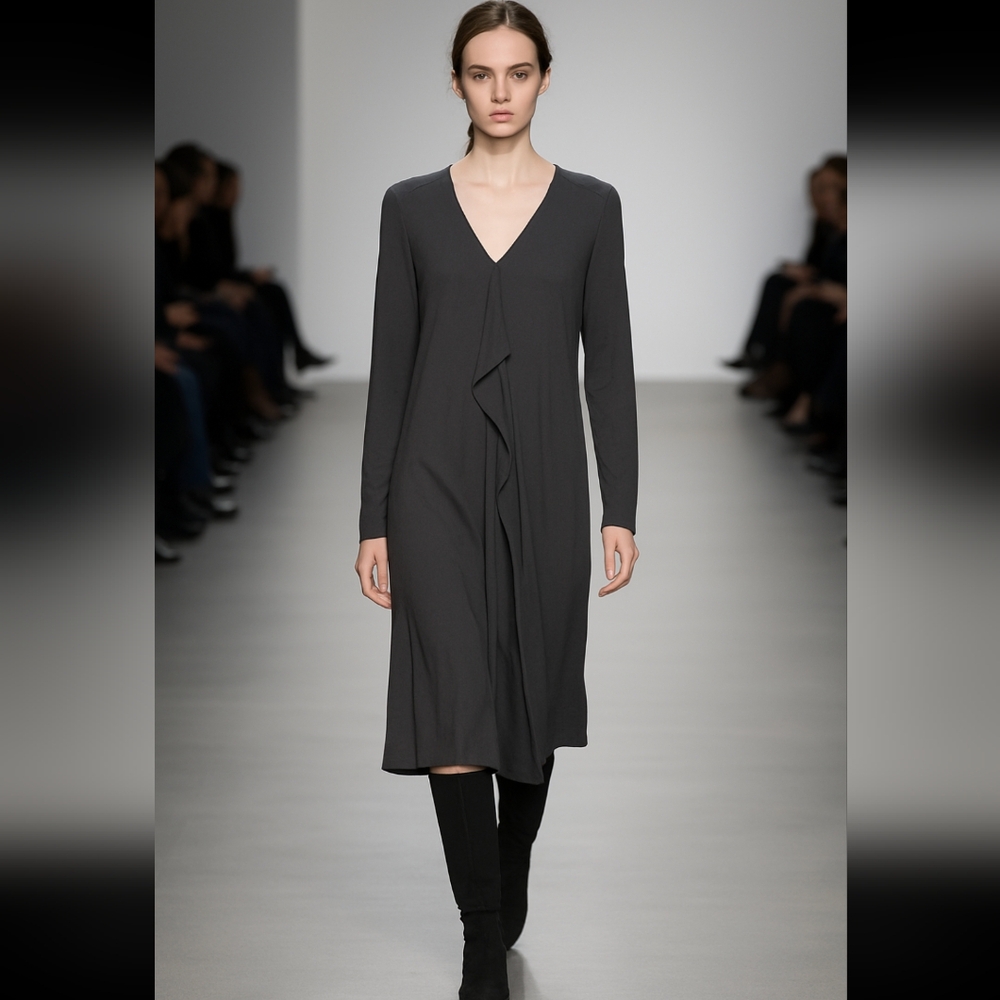MALENE BIRGER Grey Silk Detail Frill Long Sleeve Dress Size Small